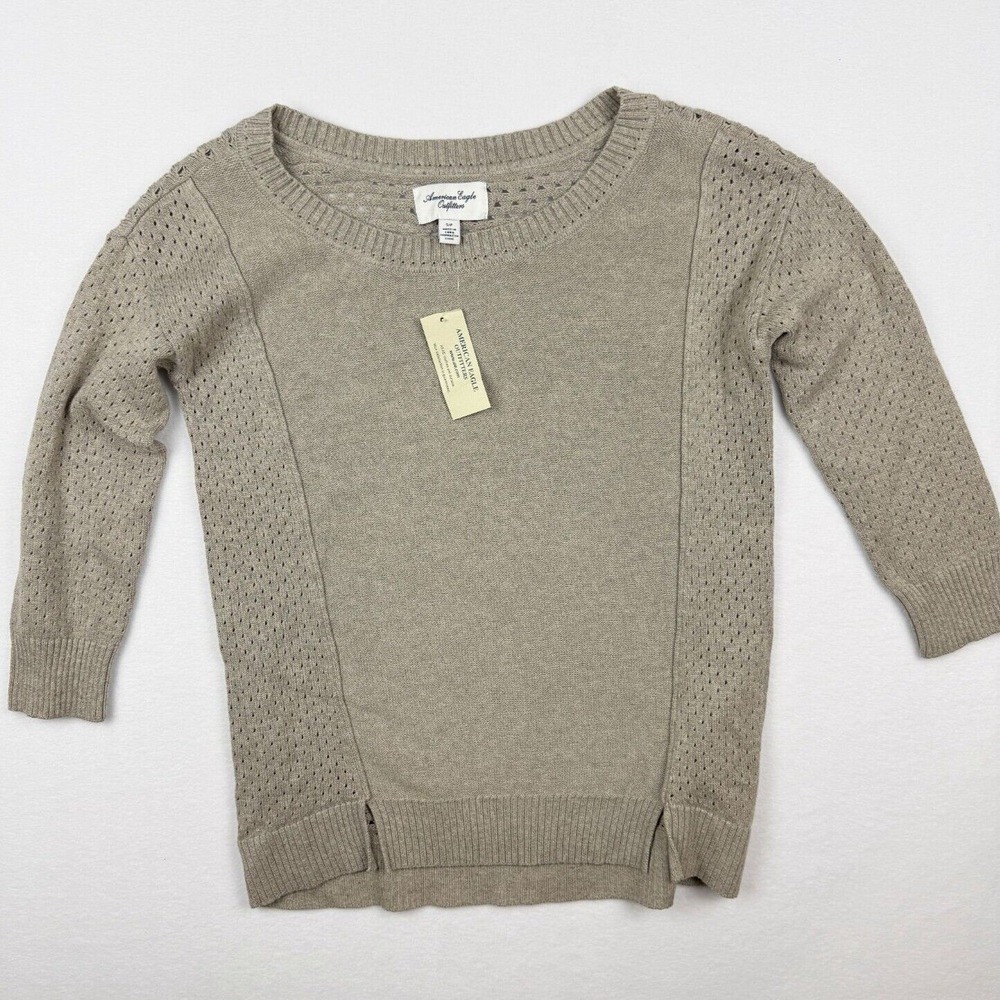 American‎ Eagle Open Knit 3/4 Sleeve Round Neck Sweater Size S Womens Beige NWT